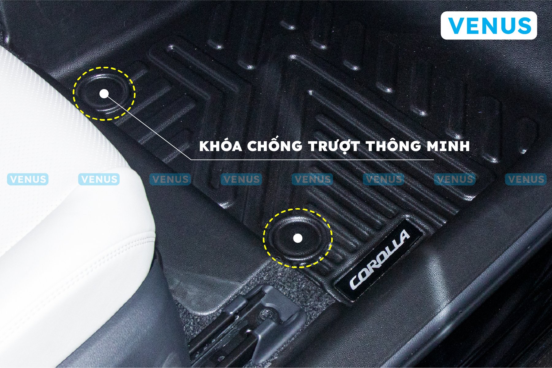 Khóa trống trượt thông minh giúp thảm cố định chắc chắn hơn, tránh kẹt chân pha, ga và xô lệch khi lái xe